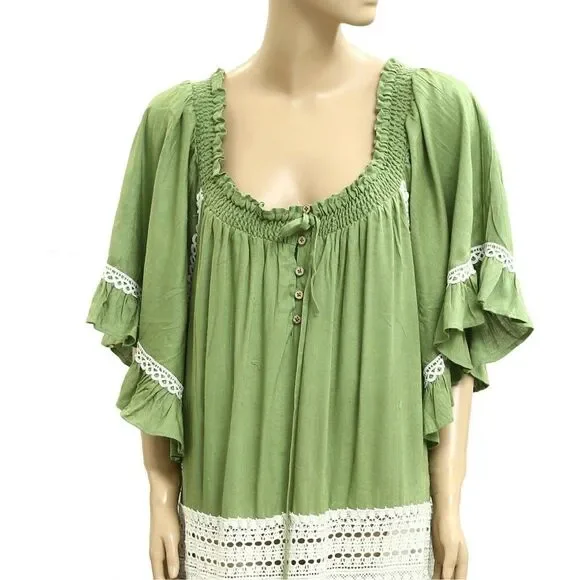Free People Green Embroidered Lace Maxi Dress Ruffle Oversized Billowy L  283060 - www.disolcolor.com